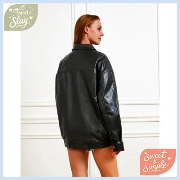Oversized Faux Leather Motorcycle Jacket Women's Winter Bomber Coat